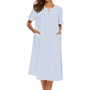 Ekouaer House Dress for Women with Pockets Button Down Duster Housecoat Short Sleeve Mumu Nightgown S-XXXL(Blue Stripes)