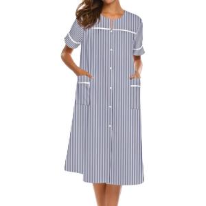 Ekouaer House Dress for Women with Pockets Button Down Duster Housecoat Short Sleeve Mumu Nightgown S-XXXL(Navy Stripes)