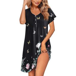 Ekouaer Women’s Nightgown Flare Short Sleeve Sleep Shirt Pleated Nightshirts Soft Pajama Dress with Pockets S-XXXL(Butterfly Black)