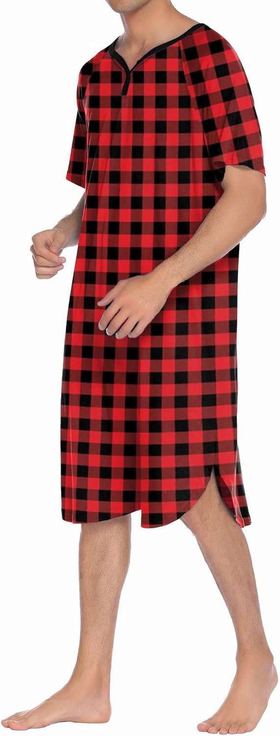 imageEkouaer Sleepwear Mens Nightshirt Short Sleeve Pajamas Comfy Big amp Tall Henley Sleep Shirt MXXXLPlaid Black Red