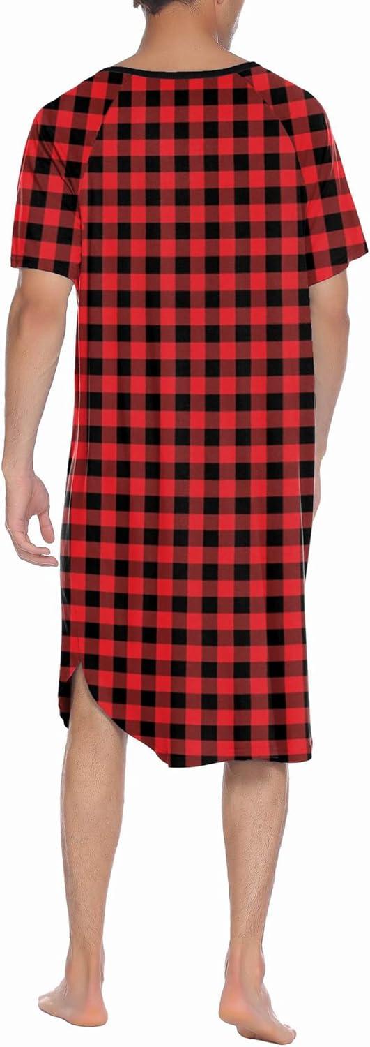 imageEkouaer Sleepwear Mens Nightshirt Short Sleeve Pajamas Comfy Big amp Tall Henley Sleep Shirt MXXXLPlaid Black Red
