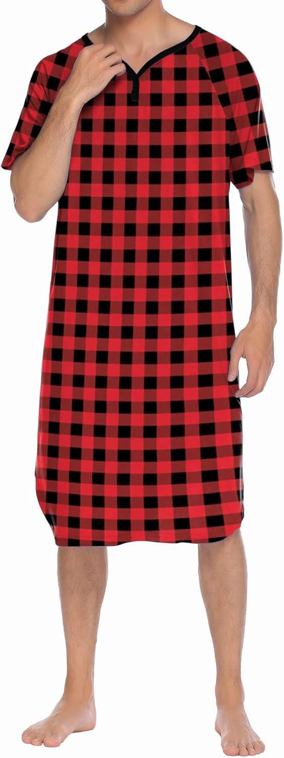 imageEkouaer Sleepwear Mens Nightshirt Short Sleeve Pajamas Comfy Big amp Tall Henley Sleep Shirt MXXXLPlaid Black Red