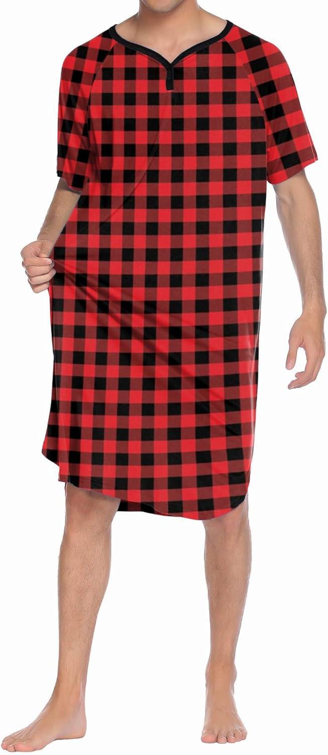 imageEkouaer Sleepwear Mens Nightshirt Short Sleeve Pajamas Comfy Big amp Tall Henley Sleep Shirt MXXXLPlaid Black Red