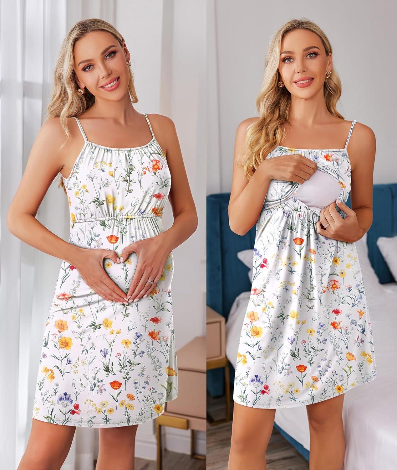 imageEkouaer Womens Nursing Nightgown Maternity Dress Breastfeeding Gown Full Slips SleepwearGreen White Floral