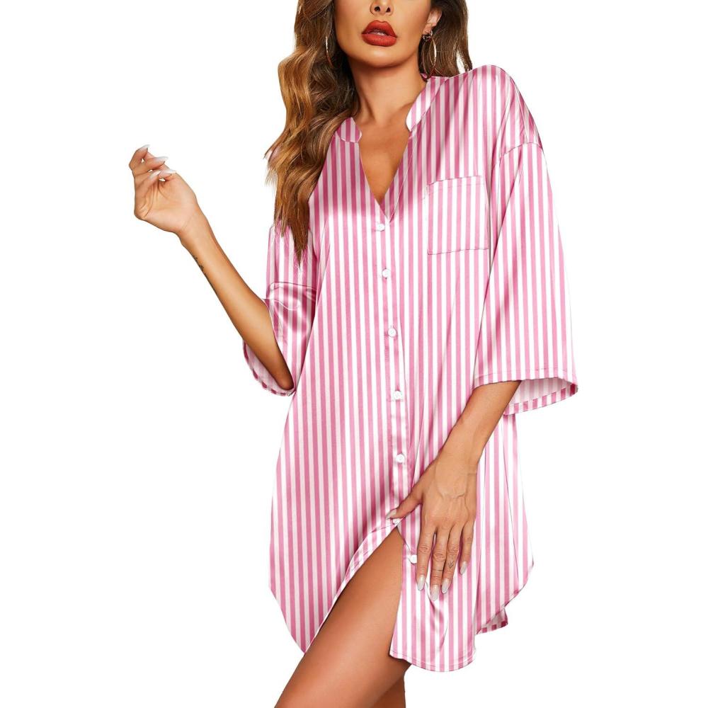 imageEkouaer Satin Nightgowns for Women Silk Sleepwear Button Down Sleepshirt 34 Sleeve VNeck Nightshirts with PocketsStriped Pink