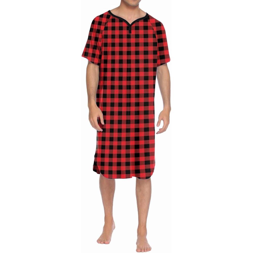 imageEkouaer Sleepwear Mens Nightshirt Short Sleeve Pajamas Comfy Big amp Tall Henley Sleep Shirt MXXXLPlaid  Black  Red