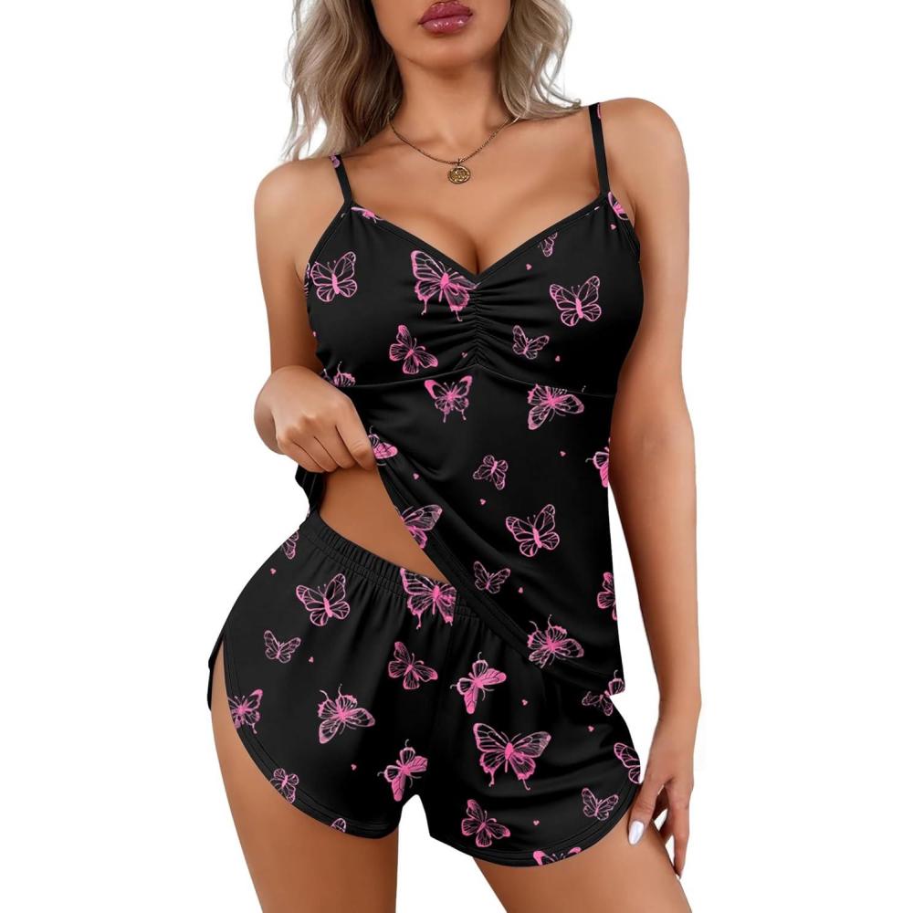 imageEkouaer Women Pajamas Set Cami Shorts Set Soft V Neck Sleepwear Sleeveless Lingerie Pjs Set SXXLBlack Butterfly