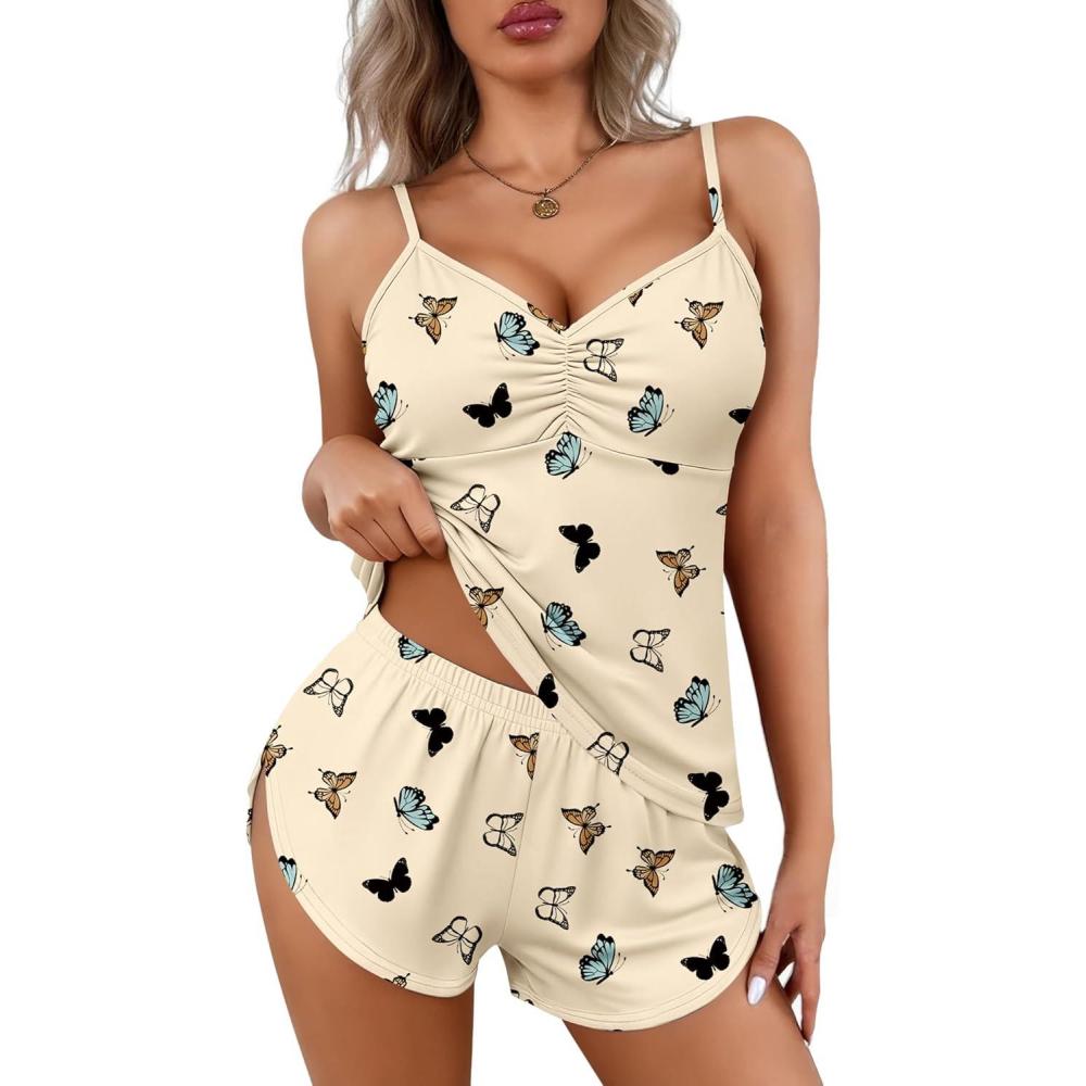 imageEkouaer Women Pajamas Set Cami Shorts Set Soft V Neck Sleepwear Sleeveless Lingerie Pjs Set SXXLButterfly Apricot