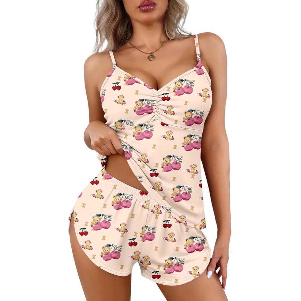 imageEkouaer Women Pajamas Set Cami Shorts Set Soft V Neck Sleepwear Sleeveless Lingerie Pjs Set SXXLCherry Teddy Bear Apricot