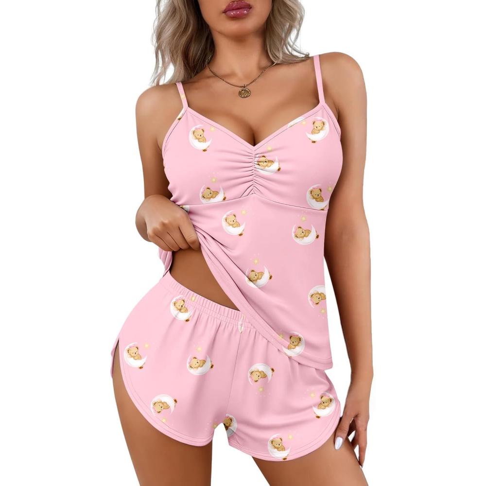 imageEkouaer Women Pajamas Set Cami Shorts Set Soft V Neck Sleepwear Sleeveless Lingerie Pjs Set SXXLTeddy Bear Pink