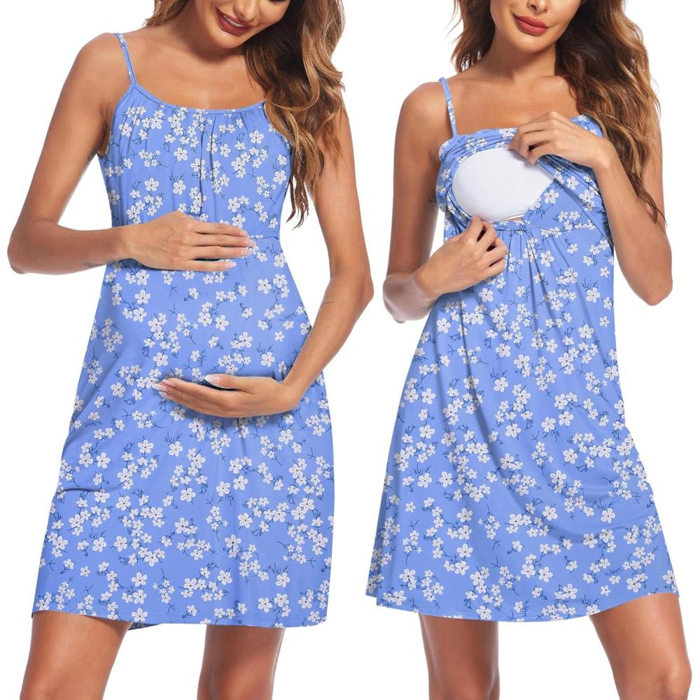 imageEkouaer Womens Nursing Nightgown Maternity Dress Breastfeeding Gown Full Slips SleepwearBlue White Floral
