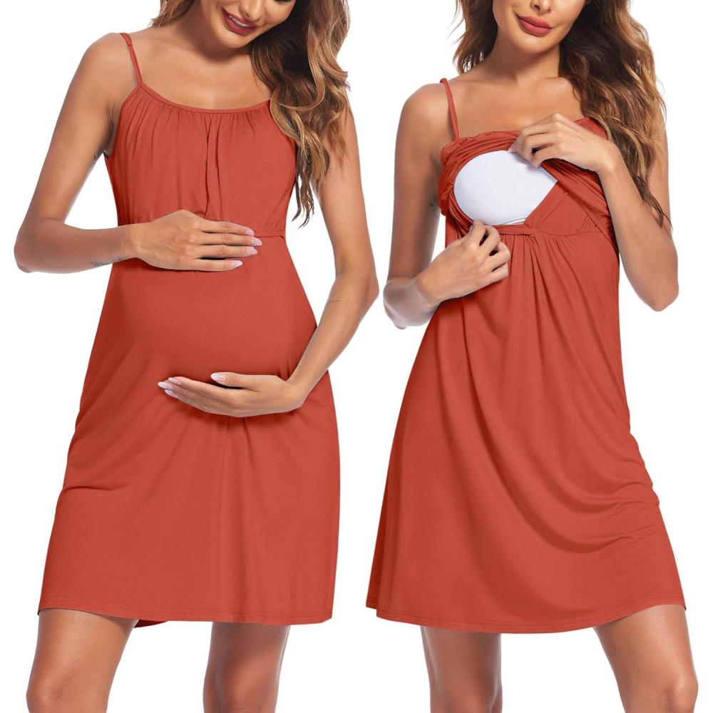 imageEkouaer Womens Nursing Nightgown Maternity Dress Breastfeeding Gown Full Slips SleepwearBrick Red