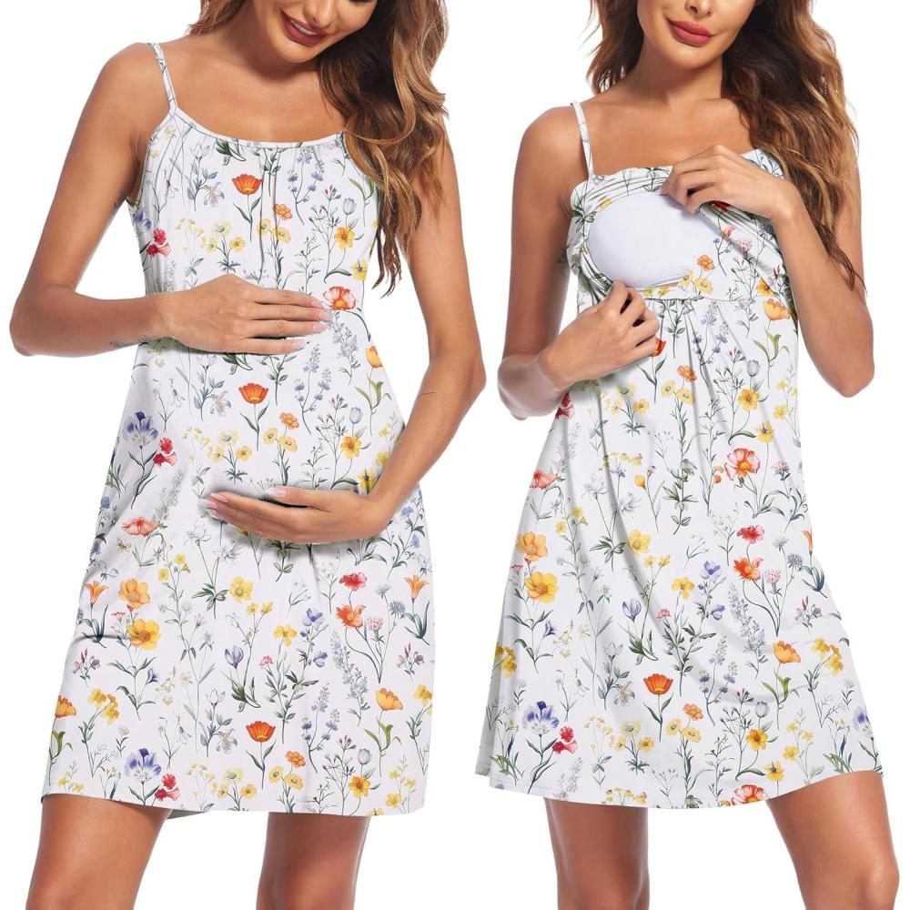 imageEkouaer Womens Nursing Nightgown Maternity Dress Breastfeeding Gown Full Slips SleepwearGreen White Floral