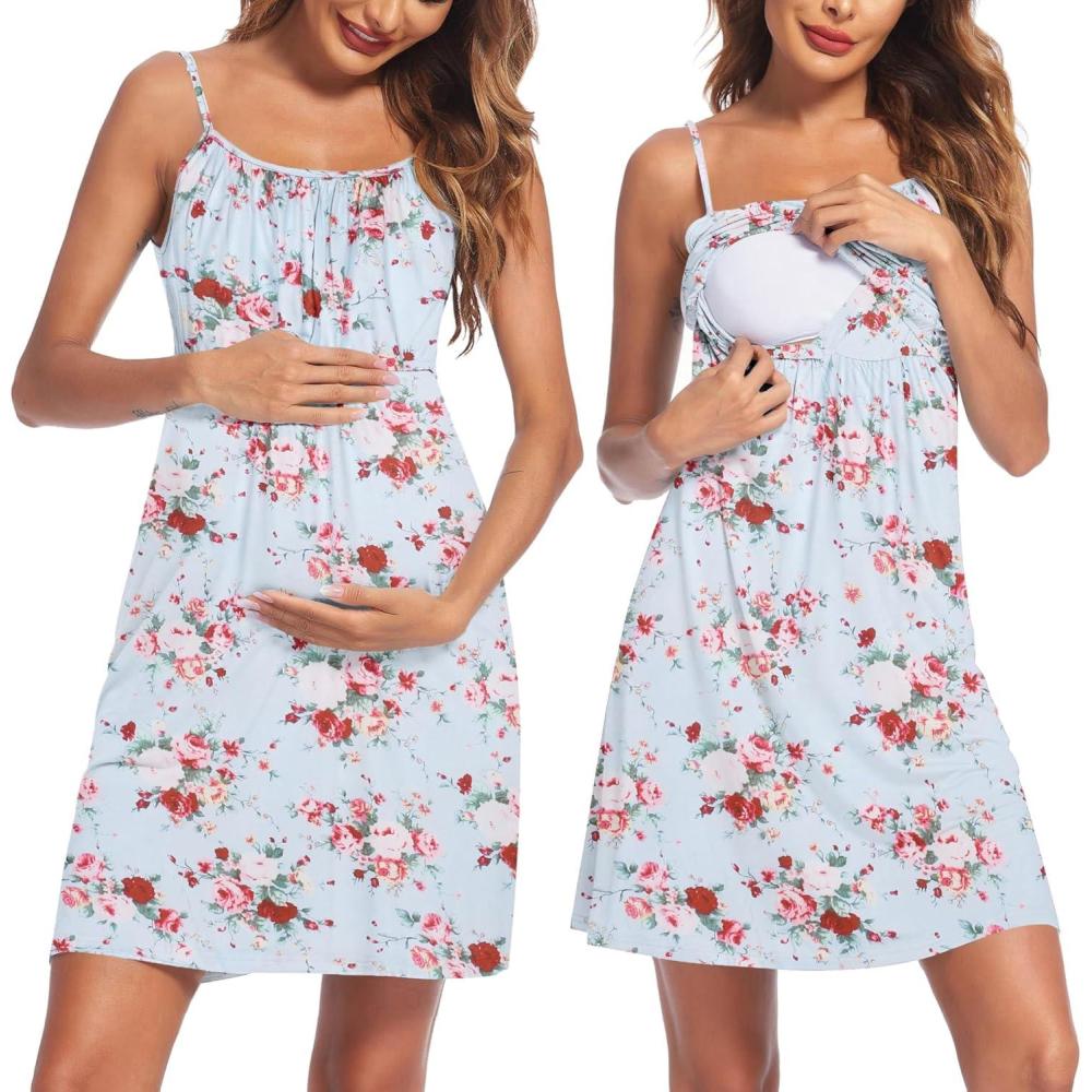 imageEkouaer Womens Nursing Nightgown Maternity Dress Breastfeeding Gown Full Slips SleepwearLight Blue Foral