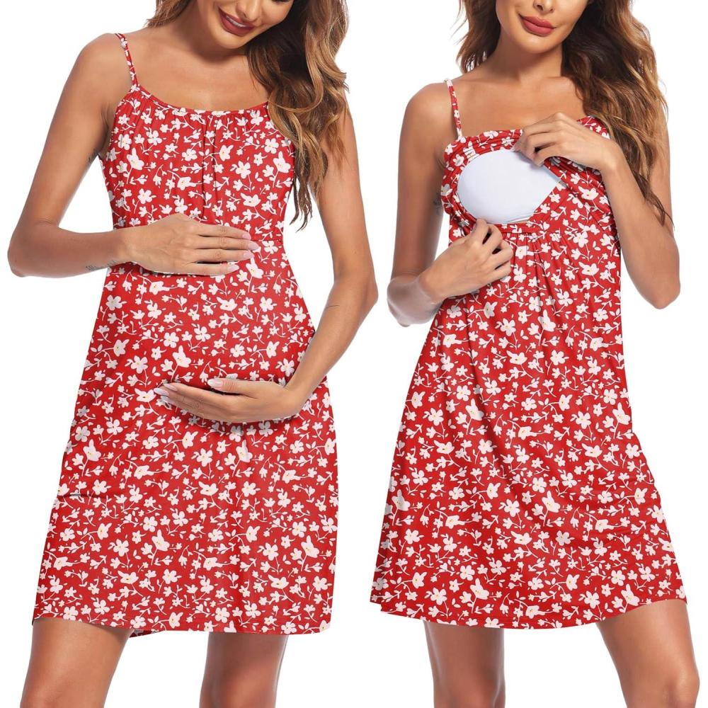 imageEkouaer Womens Nursing Nightgown Maternity Dress Breastfeeding Gown Full Slips SleepwearRed Daisy