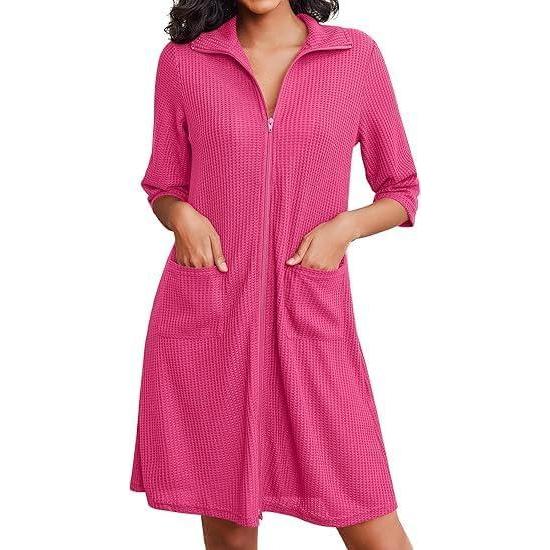 imageEkouaer Zipper Robes for Women Waffle Knit Bathrobes Short Lightweight Knee Length Loungewear with PocketsPink