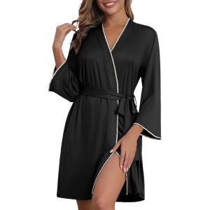 Ekouaer Robes for Women Knee Length Kimono Bathrobe 3/4 Sleeve Sleep Robe Cozy Sleepwear with Pockets S-XXL(Black)