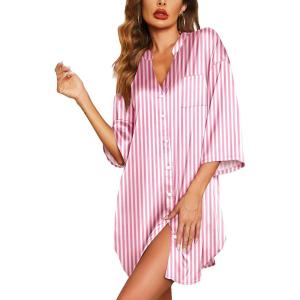 Ekouaer Satin Nightgowns for Women Silk Sleepwear Button Down Sleepshirt 3/4 Sleeve V-Neck Nightshirts with Pockets(Striped Pink)