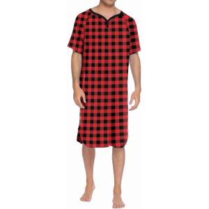 Ekouaer Sleepwear Men’s Nightshirt Short Sleeve Pajamas Comfy Big & Tall Henley Sleep Shirt M-XXXL(Plaid – Black & Red)