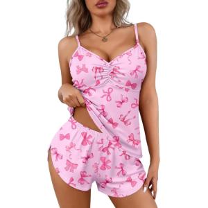 Ekouaer Women Pajamas Set Cami Shorts Set Soft V Neck Sleepwear Sleeveless Lingerie Pjs Set S-XXL(Bow Tie Pink)