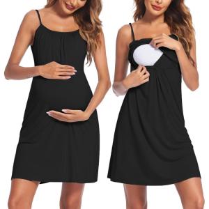 Ekouaer Women’s Nursing Nightgown Maternity Dress Breastfeeding Gown Full Slips Sleepwear(A-black)