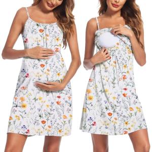 Ekouaer Women’s Nursing Nightgown Maternity Dress Breastfeeding Gown Full Slips Sleepwear(Green White Floral)