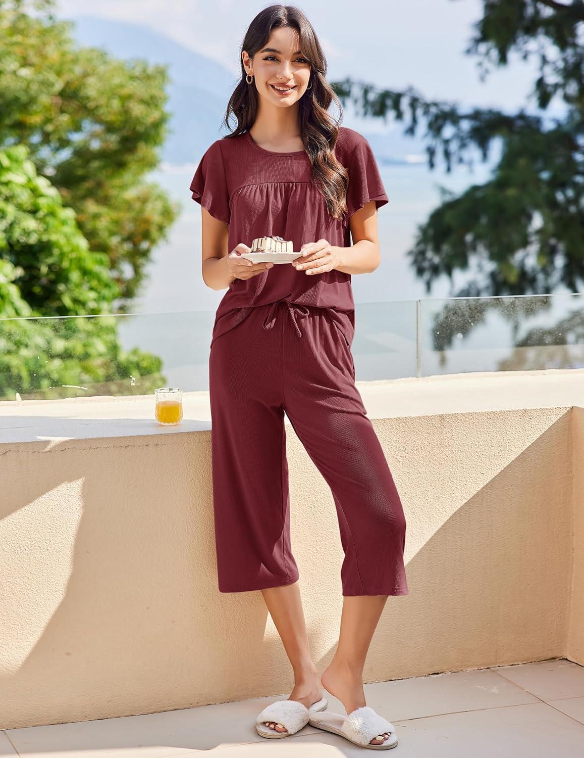 imageEkouaer Capri Pajamas for Women Set Short Sleeve Lounge Set Soft Sleepwear Pullover Top and PantsWine Red
