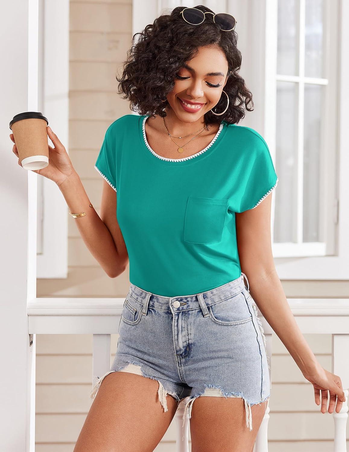 imageEkouaer Pajama Sets Lounge Sets for Women 2 Piece Short Sleeve Tops and Shorts Comfy Pjs Sleepwear SXXLTurquoise Green