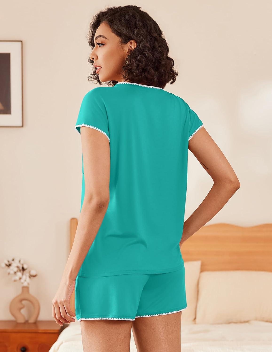 imageEkouaer Pajama Sets Lounge Sets for Women 2 Piece Short Sleeve Tops and Shorts Comfy Pjs Sleepwear SXXLTurquoise Green