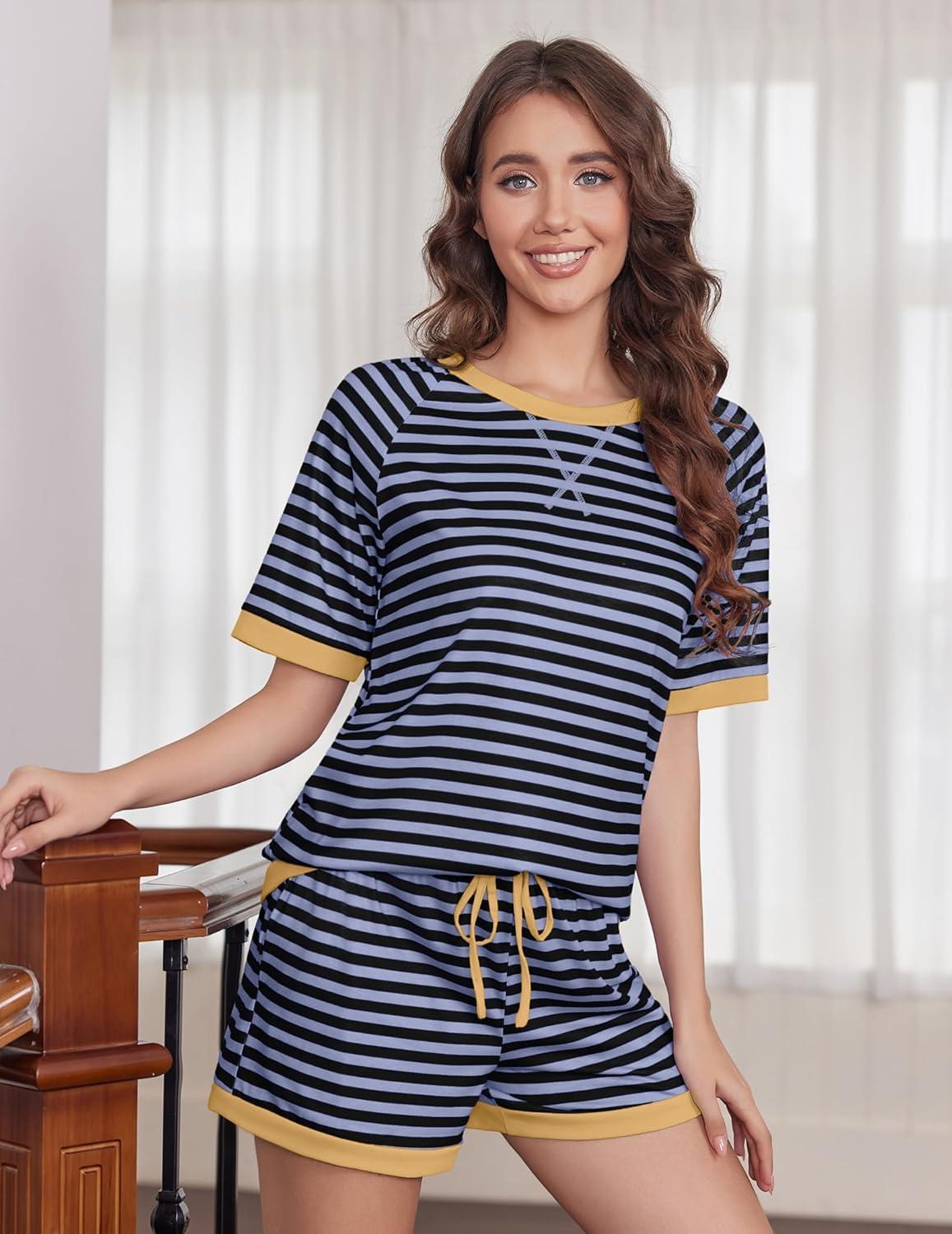 imageEkouaer Pajamas for Women Short Sleeve Pjs Sets Crewneck Striped Tops and Shorts 2 Piece Lounge Sets with Pockets SXXLBlack Blue Stripe