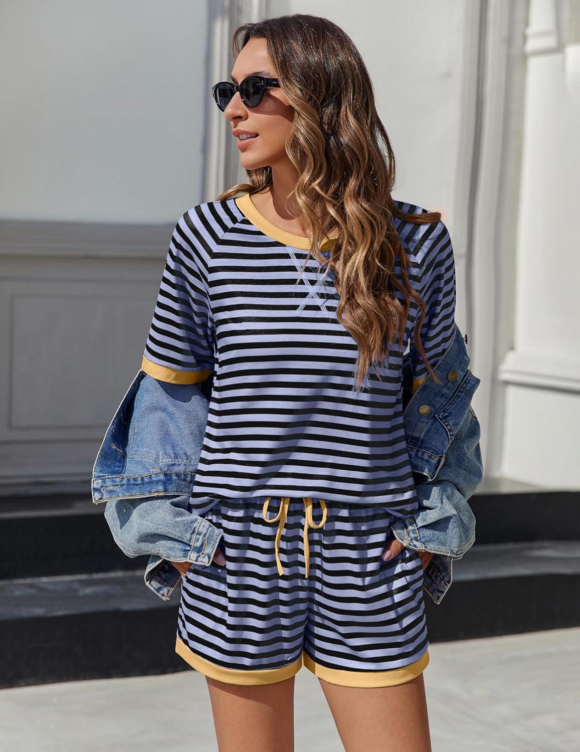 imageEkouaer Pajamas for Women Short Sleeve Pjs Sets Crewneck Striped Tops and Shorts 2 Piece Lounge Sets with Pockets SXXLBlack Blue Stripe