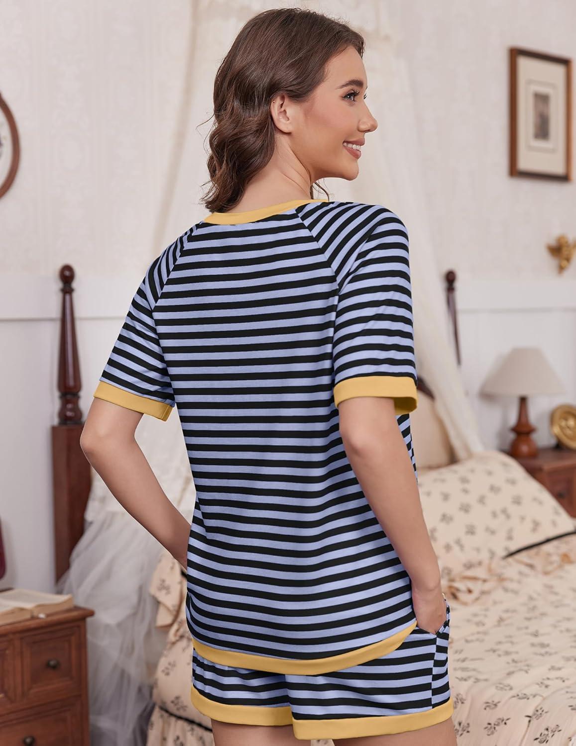 imageEkouaer Pajamas for Women Short Sleeve Pjs Sets Crewneck Striped Tops and Shorts 2 Piece Lounge Sets with Pockets SXXLBlack Blue Stripe