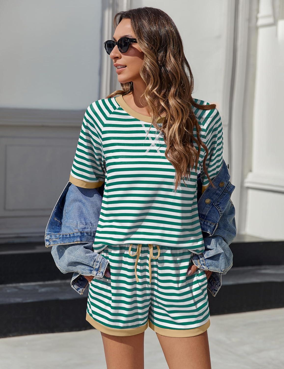 imageEkouaer Pajamas for Women Short Sleeve Pjs Sets Crewneck Striped Tops and Shorts 2 Piece Lounge Sets with Pockets SXXLGreen White Stripe