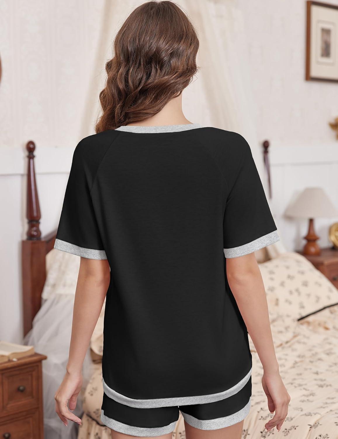 imageEkouaer Pajamas for Women Short Sleeve Pjs Sets Crewneck Striped Tops and Shorts 2 Piece Lounge Sets with Pockets SXXLSolidblack