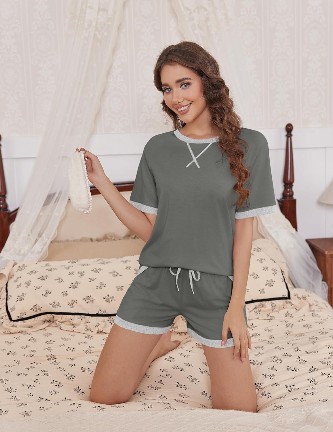imageEkouaer Pajamas for Women Short Sleeve Pjs Sets Crewneck Striped Tops and Shorts 2 Piece Lounge Sets with Pockets SXXLSoliddark Grey