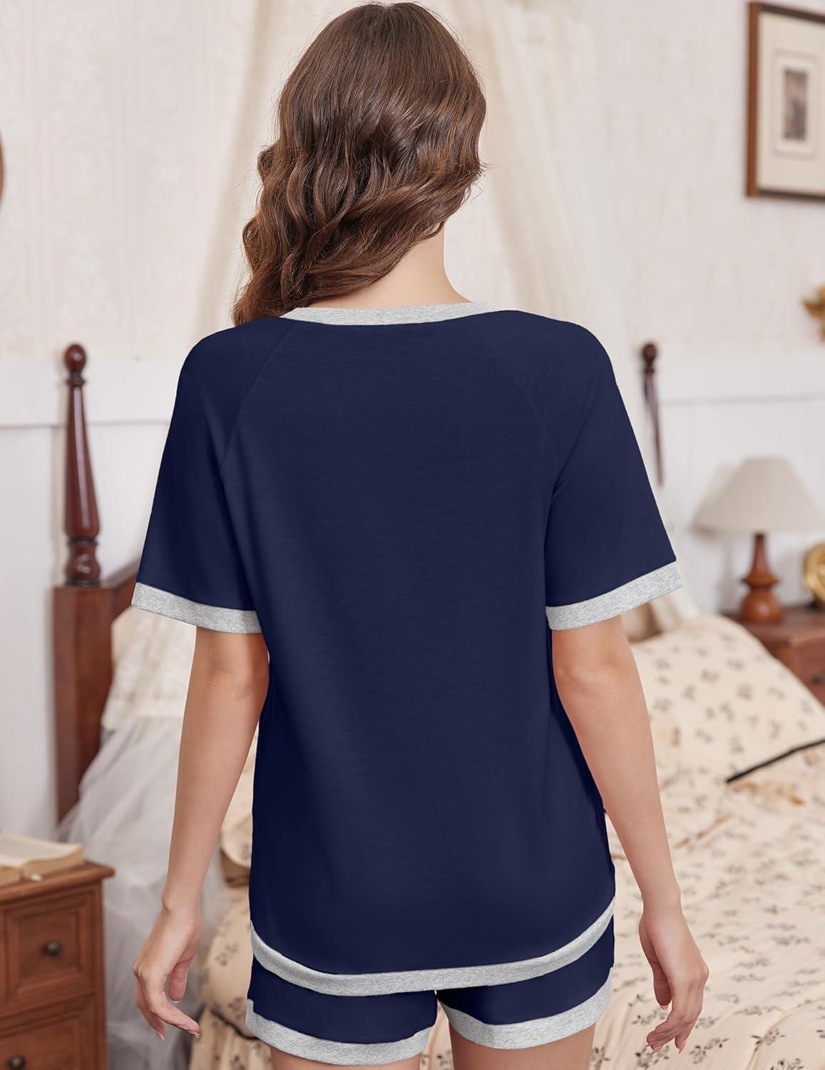 imageEkouaer Pajamas for Women Short Sleeve Pjs Sets Crewneck Striped Tops and Shorts 2 Piece Lounge Sets with Pockets SXXLSolidnavy Blue