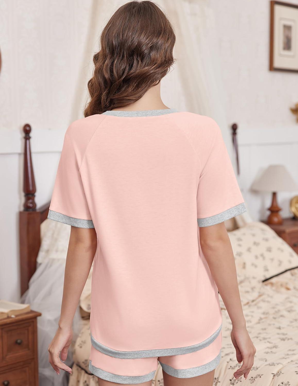 imageEkouaer Pajamas for Women Short Sleeve Pjs Sets Crewneck Striped Tops and Shorts 2 Piece Lounge Sets with Pockets SXXLSolidpink