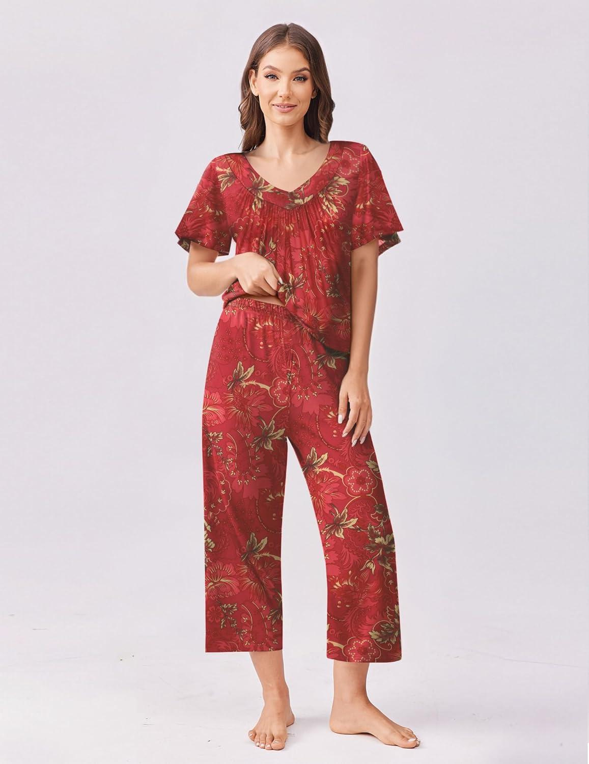 imageEkouaer Womens Capri Pajama Set Short Sleeve Top and Pants 2 Piece Sleepwear Floral Print Ladies Pjs Sets