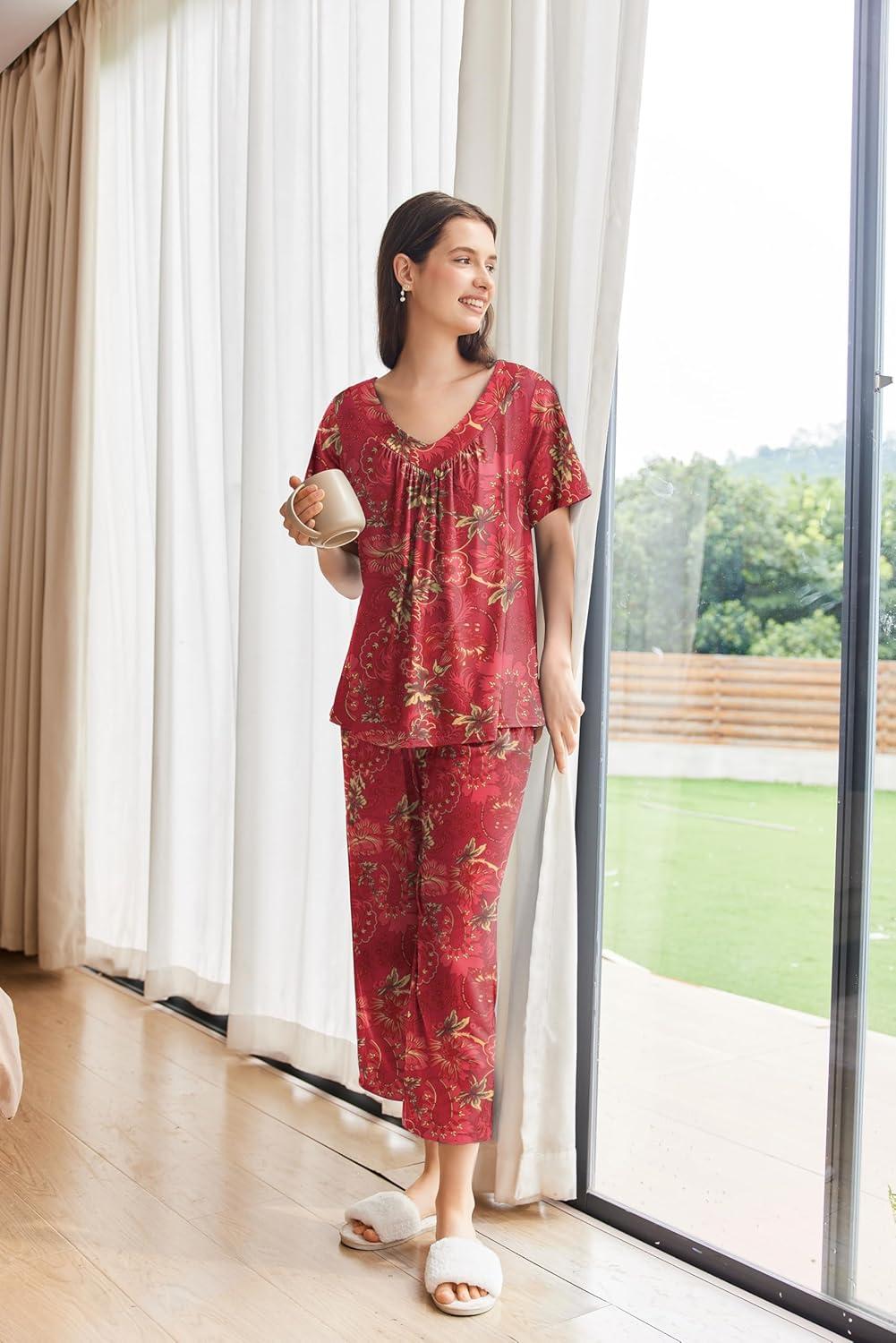 imageEkouaer Womens Capri Pajama Set Short Sleeve Top and Pants 2 Piece Sleepwear Floral Print Ladies Pjs Sets