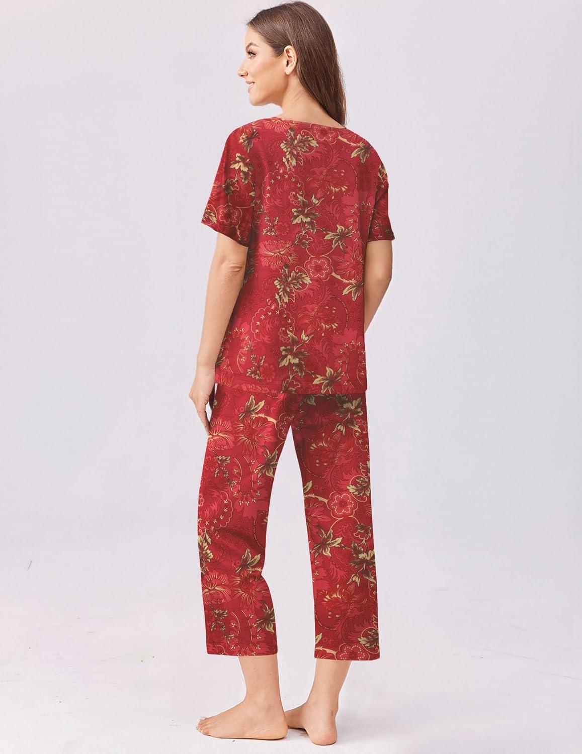 imageEkouaer Womens Capri Pajama Set Short Sleeve Top and Pants 2 Piece Sleepwear Floral Print Ladies Pjs Sets