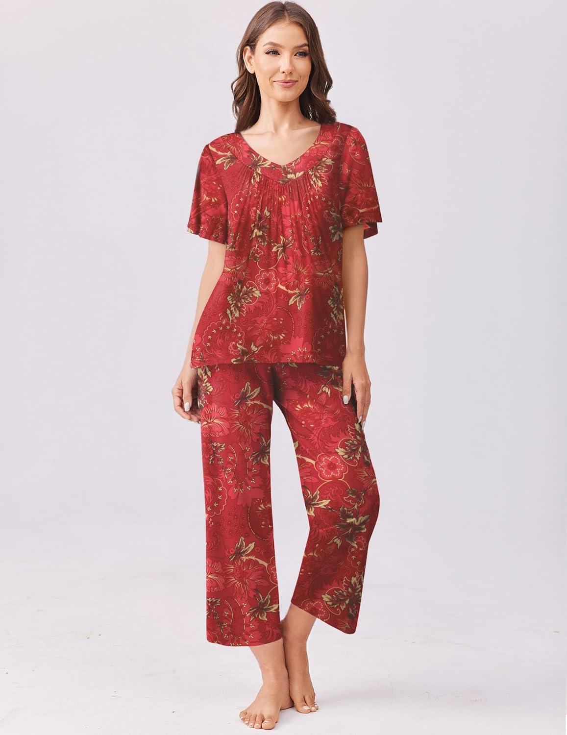 imageEkouaer Womens Capri Pajama Set Short Sleeve Top and Pants 2 Piece Sleepwear Floral Print Ladies Pjs Sets