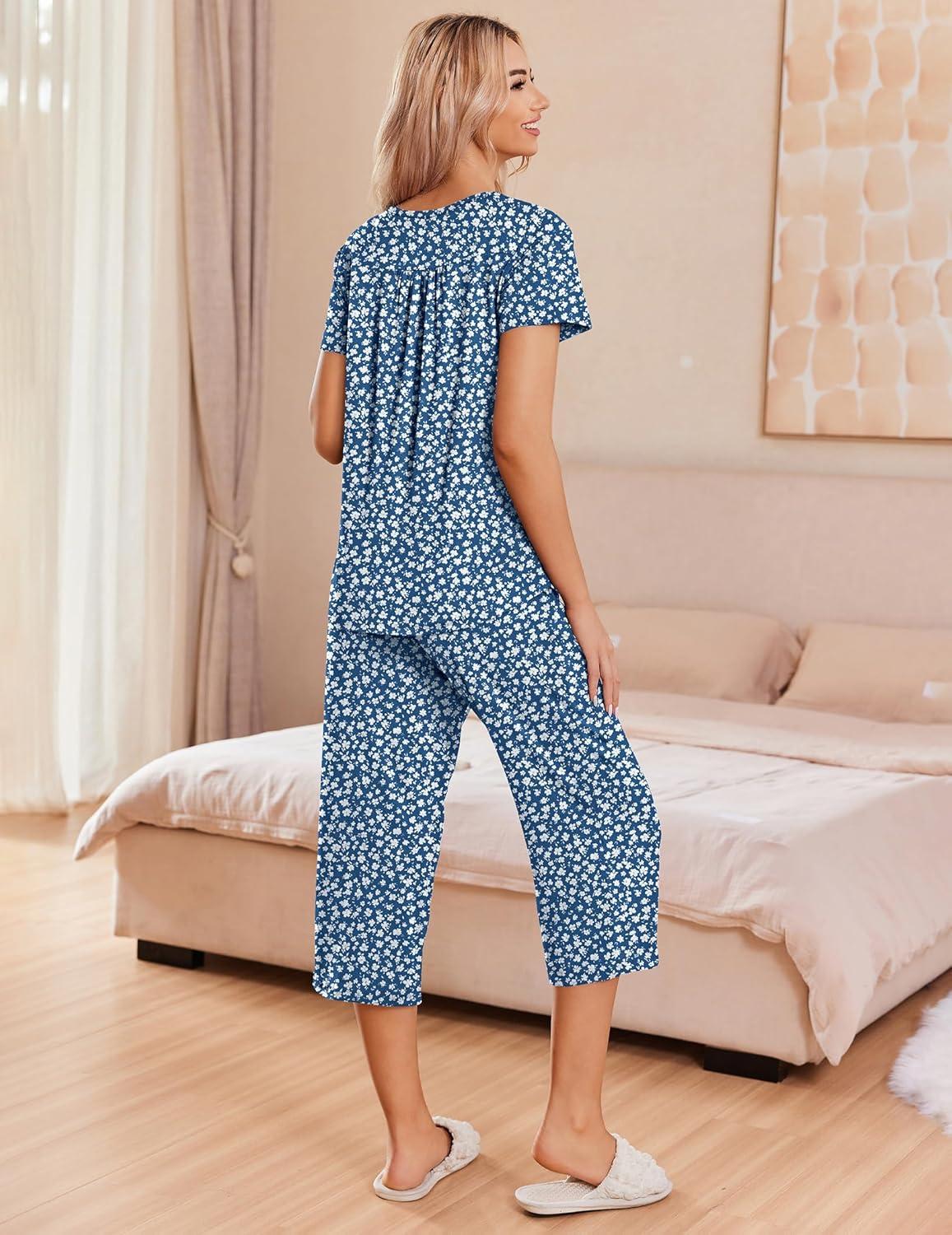 imageEkouaer Womens Pajama Sets Short Sleeve Sleepwear Button Up Pj Loungewear Top and Capri Pants with PocketsBlue Flower