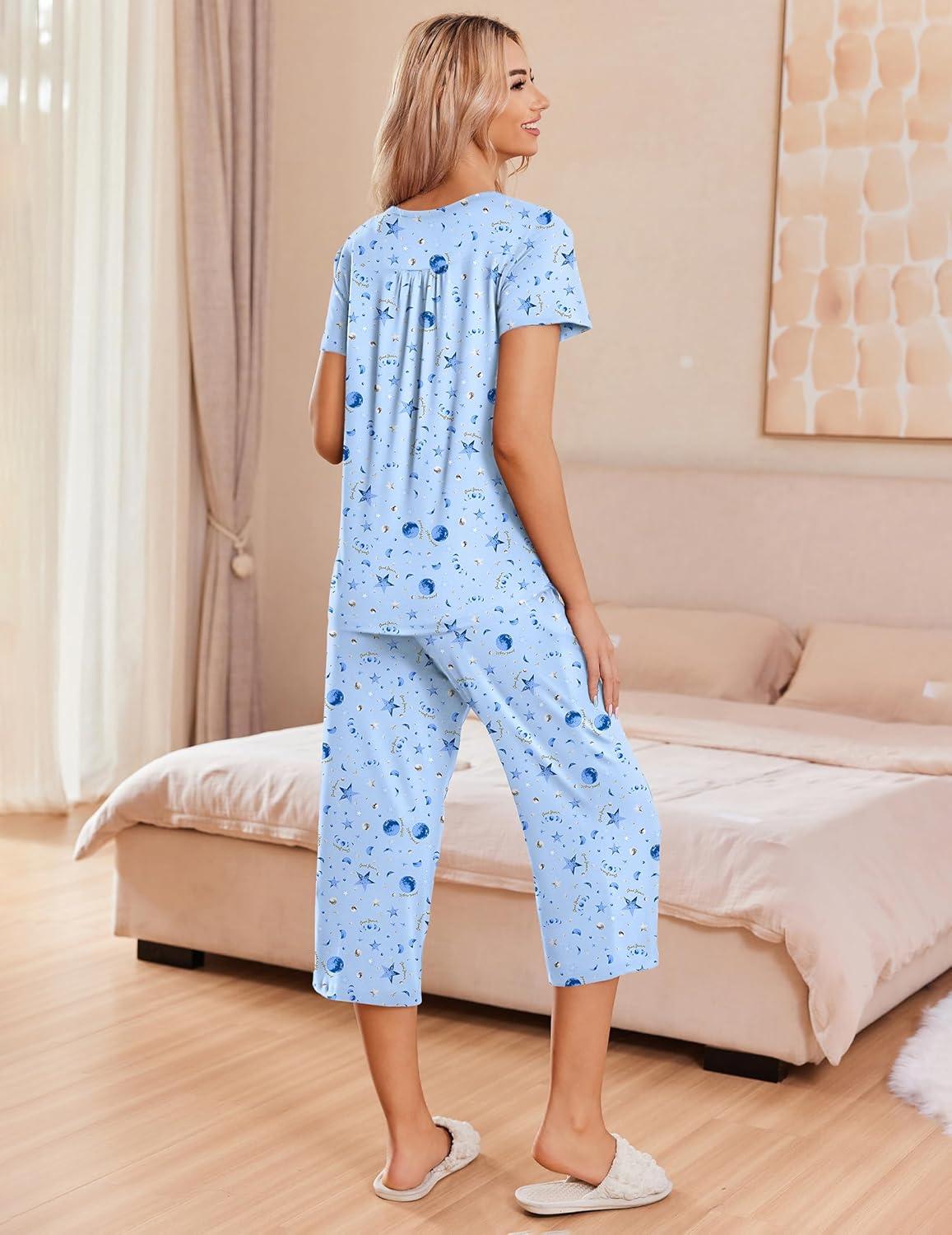 imageEkouaer Womens Pajama Sets Short Sleeve Sleepwear Button Up Pj Loungewear Top and Capri Pants with PocketsBlue Star