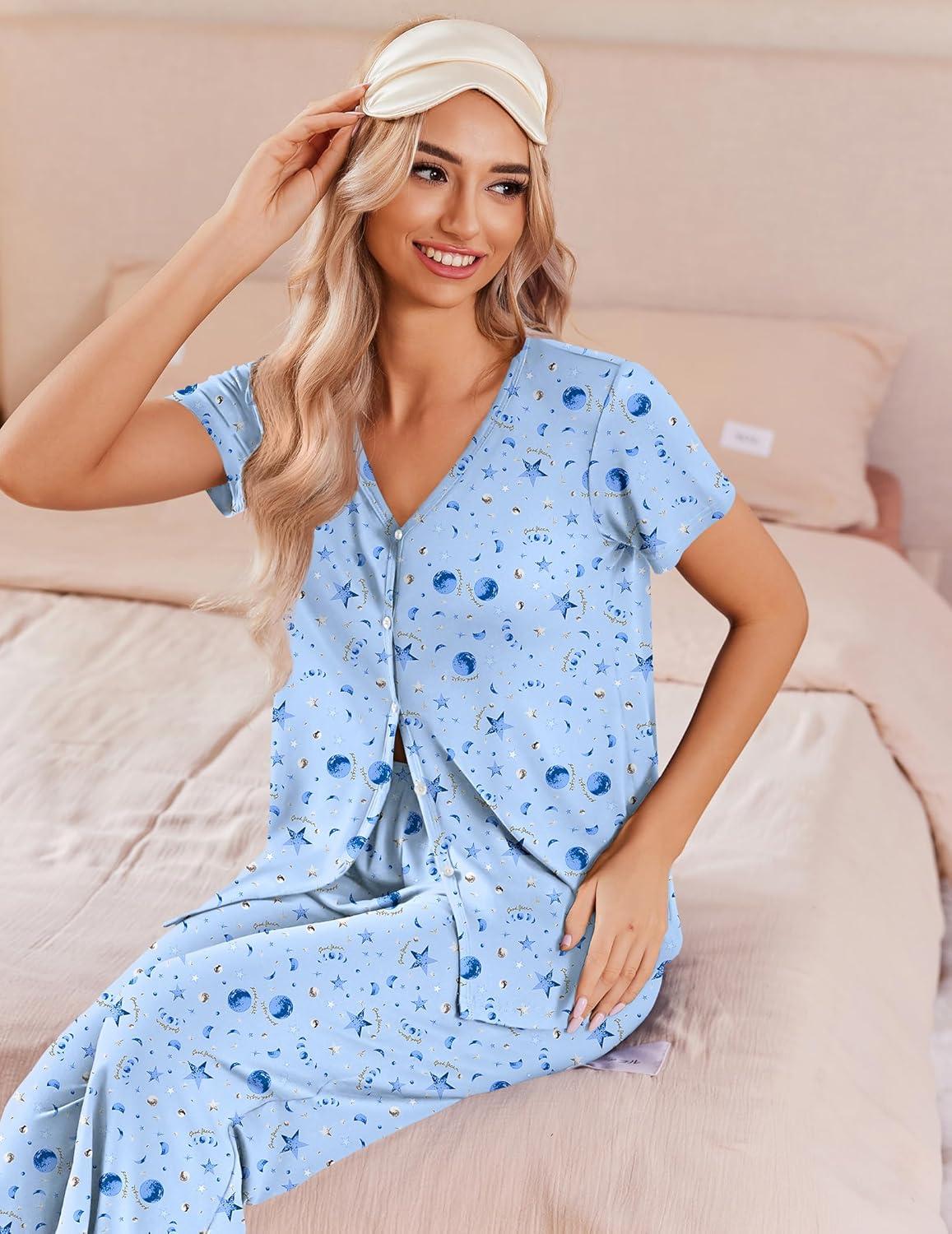 imageEkouaer Womens Pajama Sets Short Sleeve Sleepwear Button Up Pj Loungewear Top and Capri Pants with PocketsBlue Star