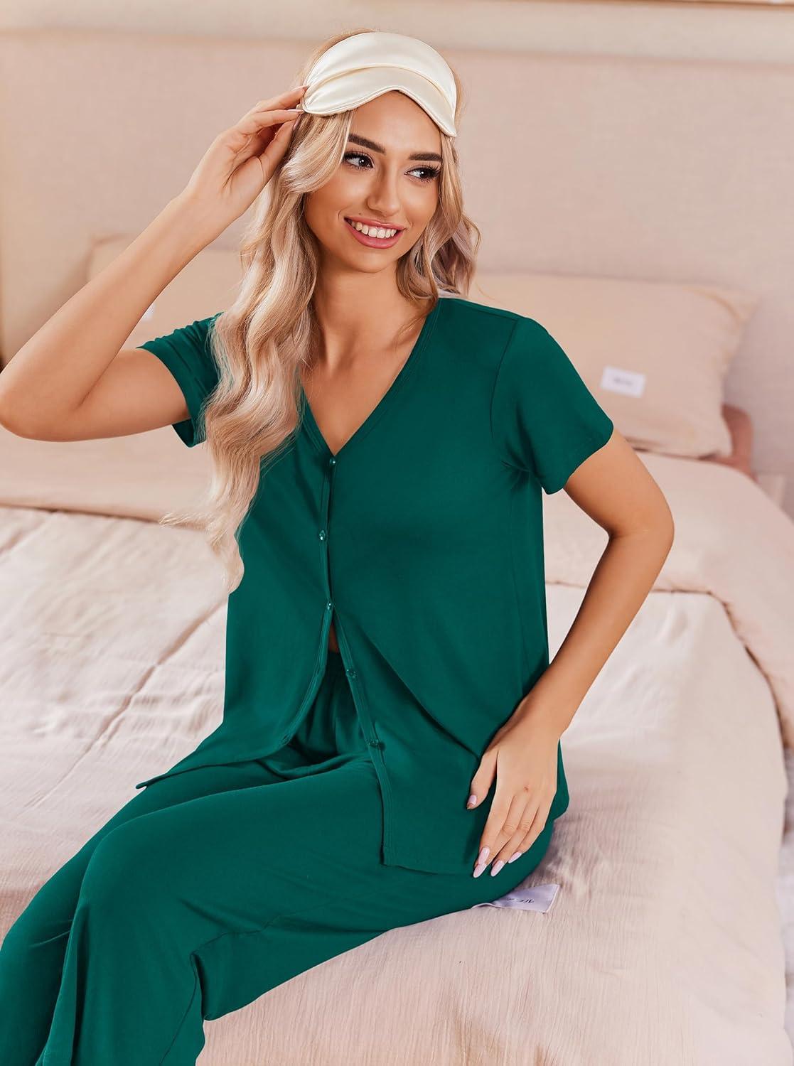 imageEkouaer Womens Pajama Sets Short Sleeve Sleepwear Button Up Pj Loungewear Top and Capri Pants with PocketsDark Green