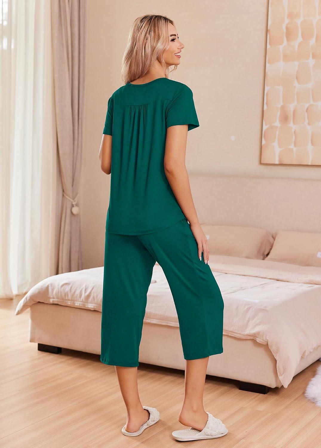 imageEkouaer Womens Pajama Sets Short Sleeve Sleepwear Button Up Pj Loungewear Top and Capri Pants with PocketsDark Green
