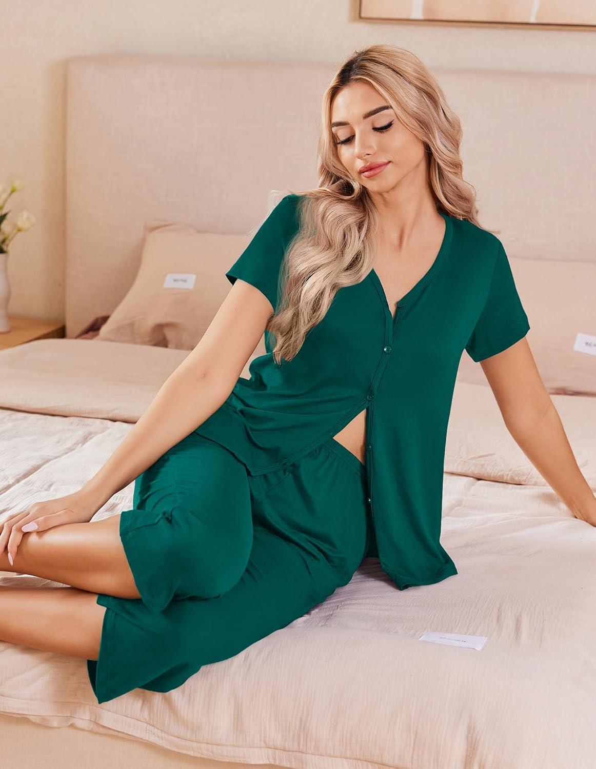 imageEkouaer Womens Pajama Sets Short Sleeve Sleepwear Button Up Pj Loungewear Top and Capri Pants with PocketsDark Green