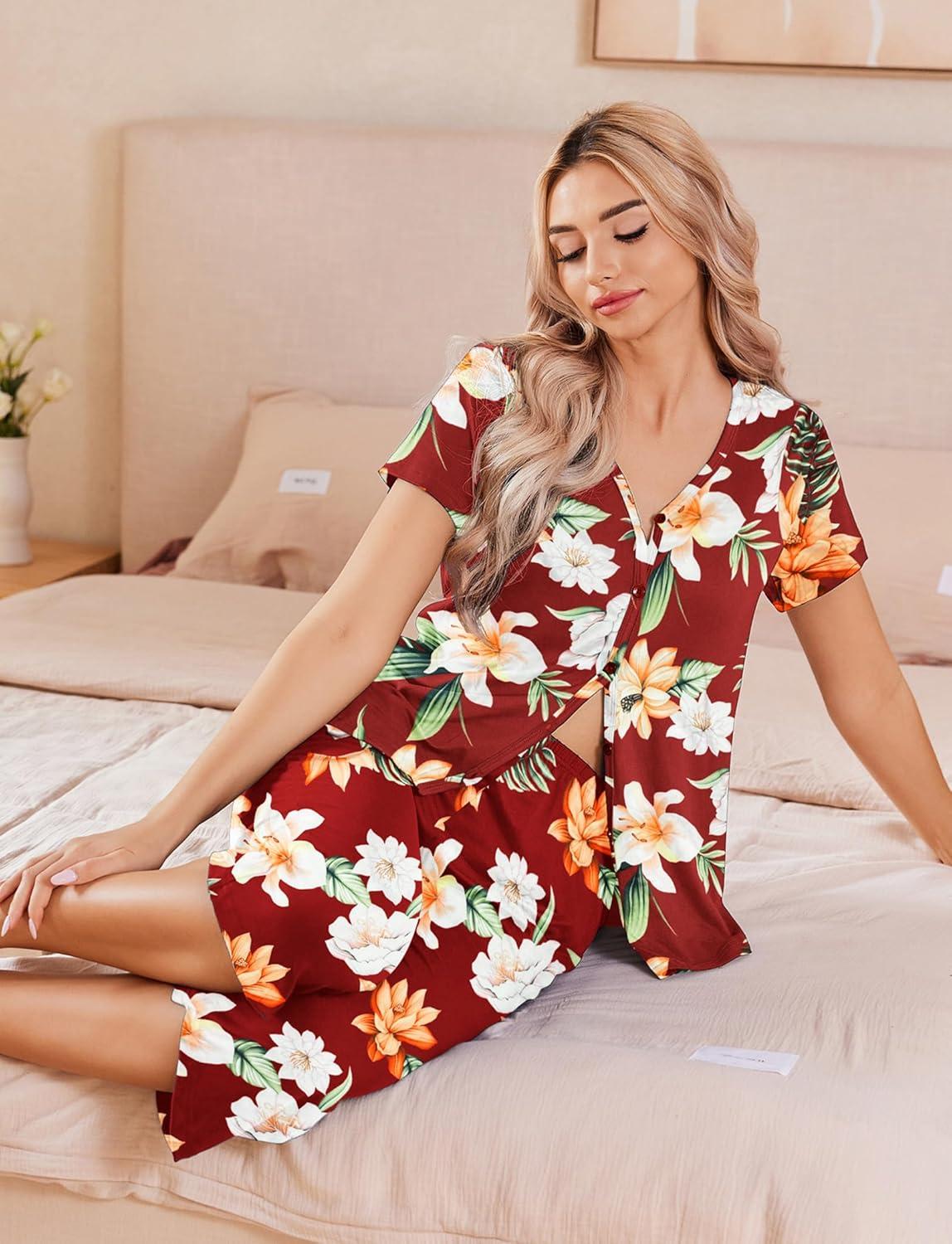 imageEkouaer Womens Pajama Sets Short Sleeve Sleepwear Button Up Pj Loungewear Top and Capri Pants with PocketsRed Floral