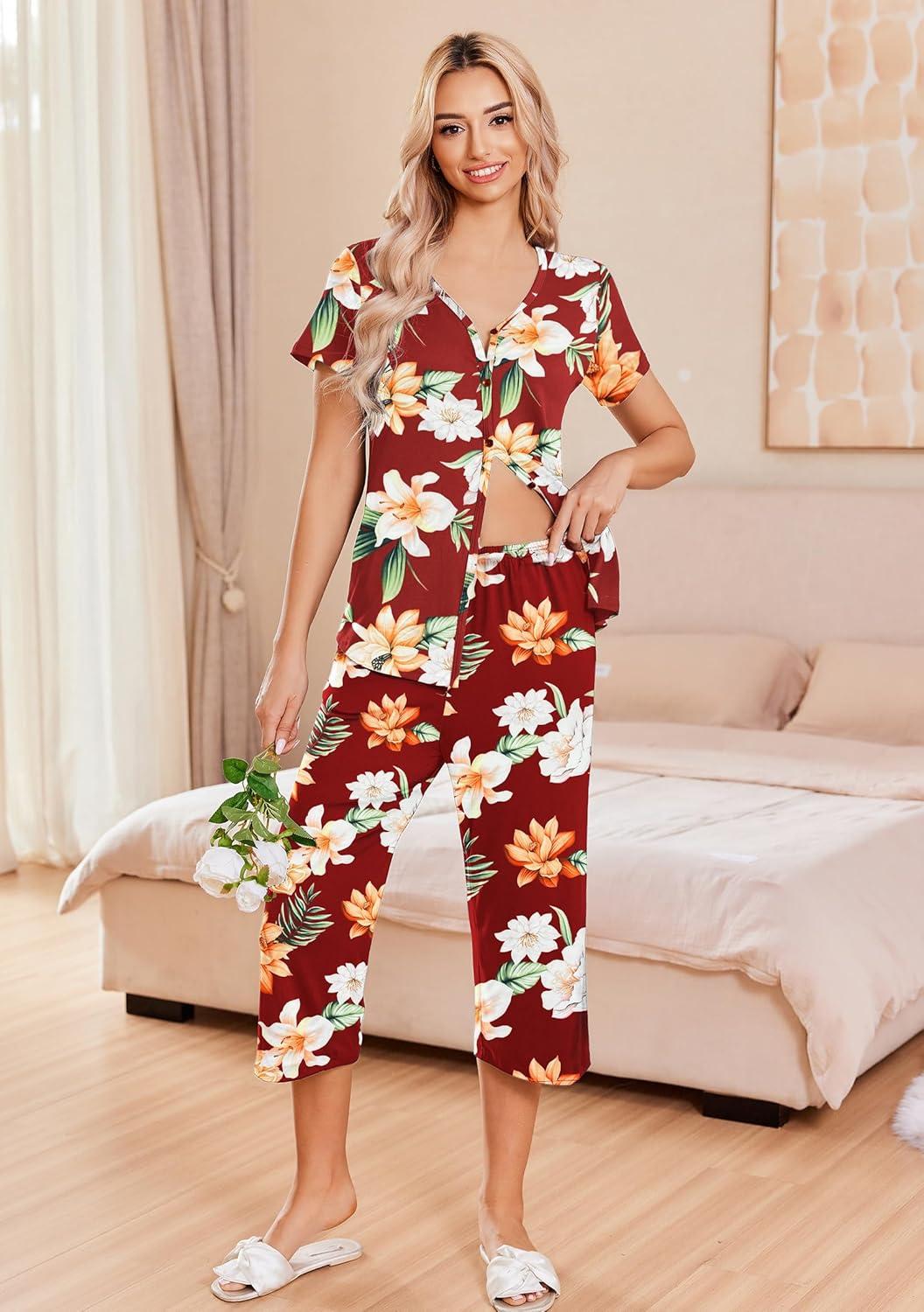 imageEkouaer Womens Pajama Sets Short Sleeve Sleepwear Button Up Pj Loungewear Top and Capri Pants with PocketsRed Floral
