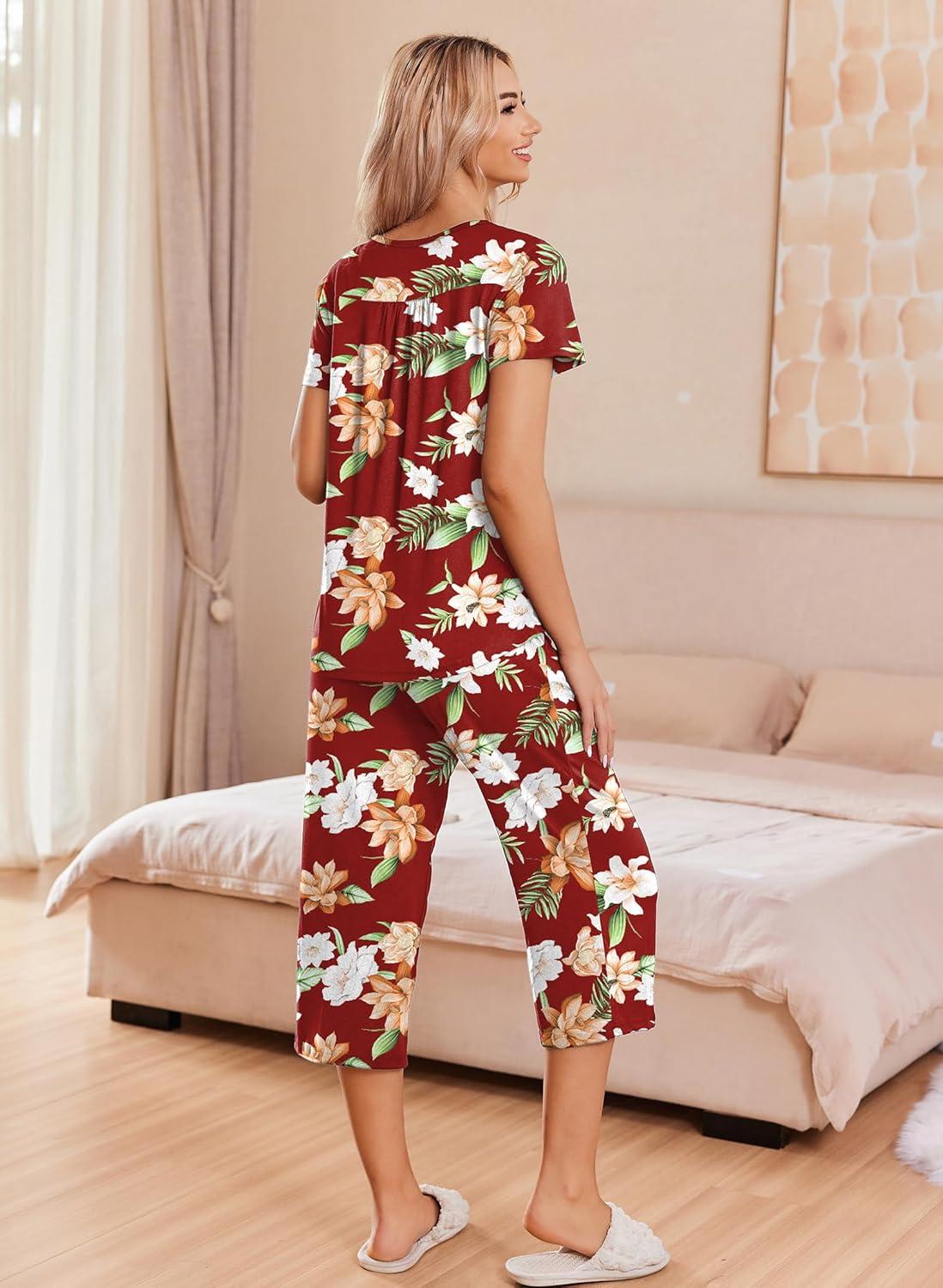 imageEkouaer Womens Pajama Sets Short Sleeve Sleepwear Button Up Pj Loungewear Top and Capri Pants with PocketsRed Floral